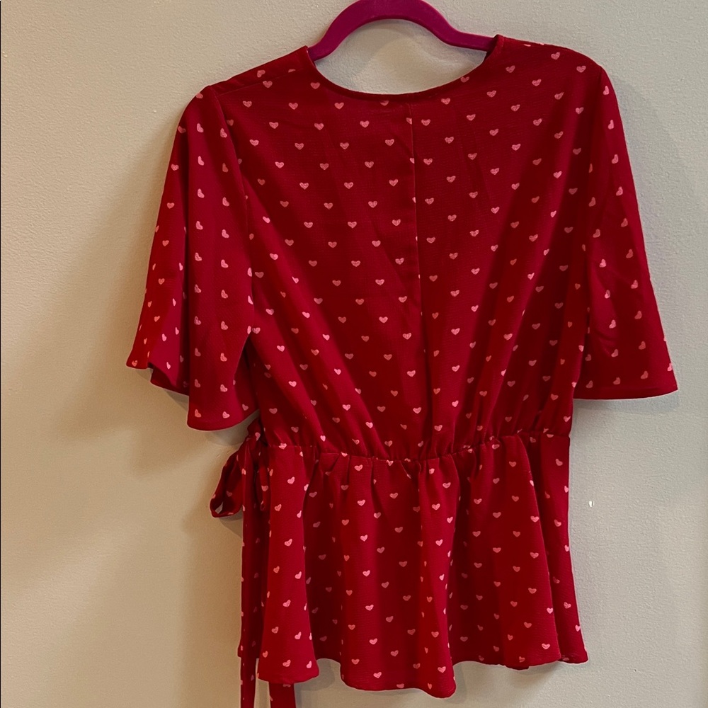 Mi Ami Red Heart Print Wrap Peplum Blouse with Flutter Sleeves Valentine’s Day - Picture 6 of 6